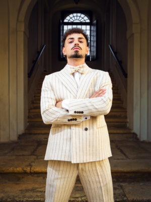 Abito Da Cerimonia Uomo Doppio Petto Beige Gessato Marrone